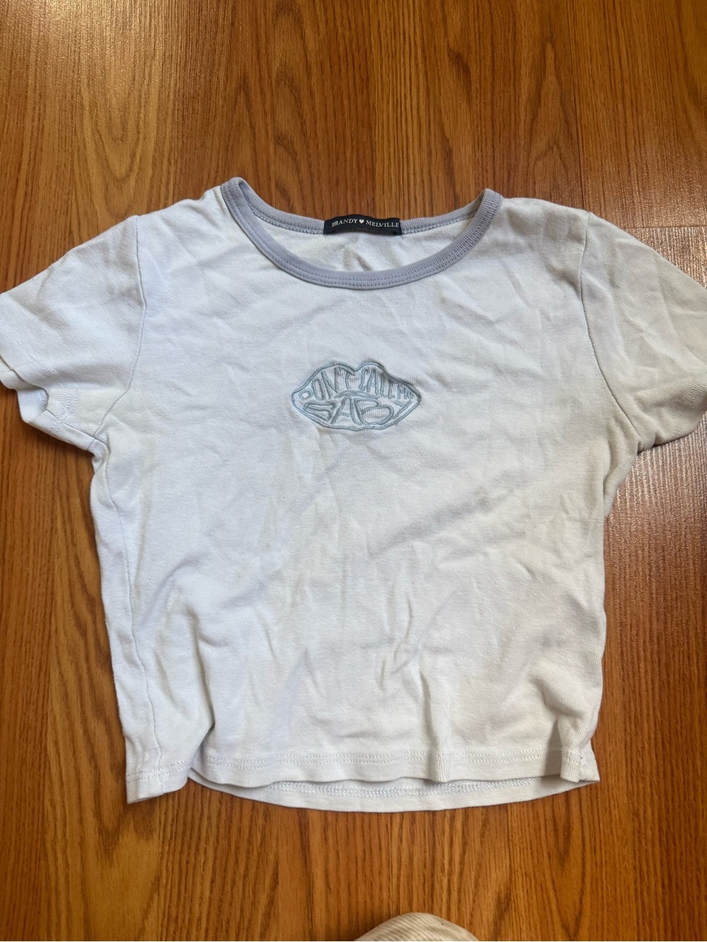 Brandy Melville White Crop Tee with Light Blue Trim and Embroidered Logo